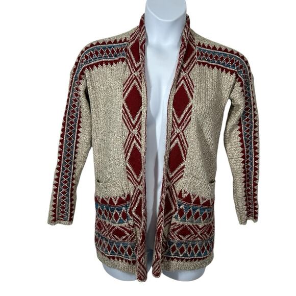 Lucky Brand Aztec Drape Wrap Cardigan Sweater Small Red Beige Tribal Pockets - Picture 2 of 13